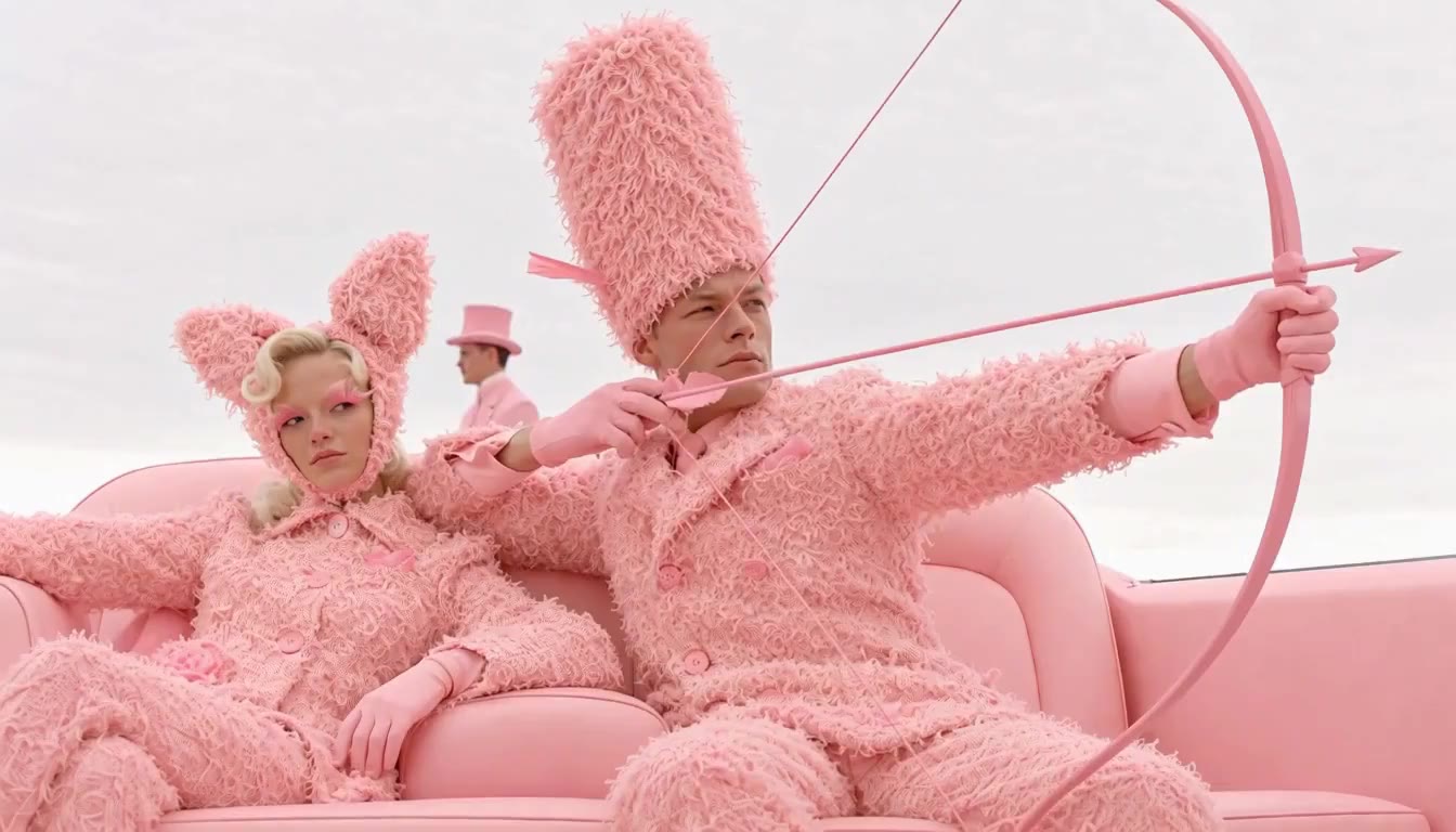Two people in extravagant pink costumes seated on a pink sofa, one holding a drawn bow.